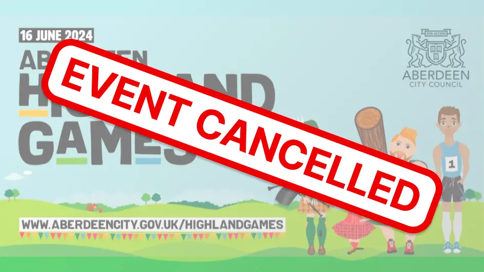 Promotional graphic for Aberdeen Highland Games on 16 June 2024, featuring a kilted man, a dancer, a child with bagpipes, and an athlete, with event details and logo (Event Cancelled).