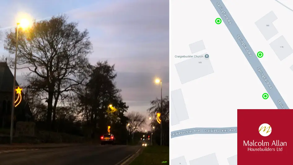 An image showing the Christmas lights on Springfield Road and on the right a map showing where they are located.