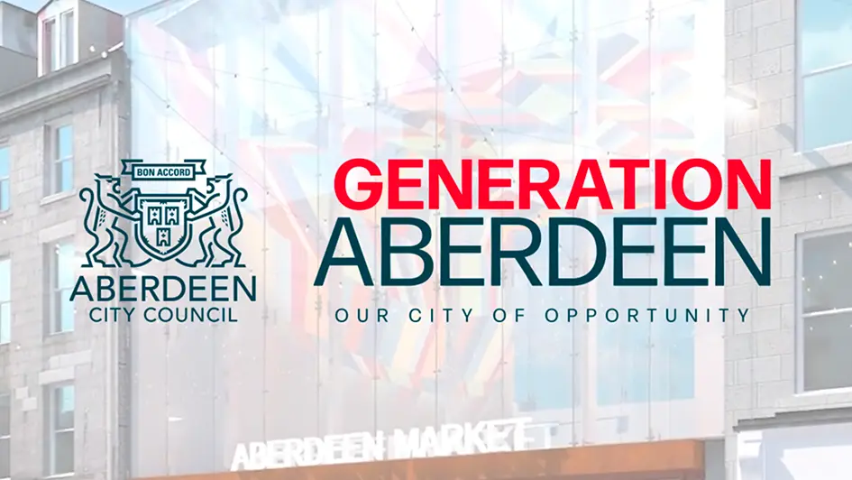 Aberdeen City Council Logo with the text Generation Aberdeen and a background of the city