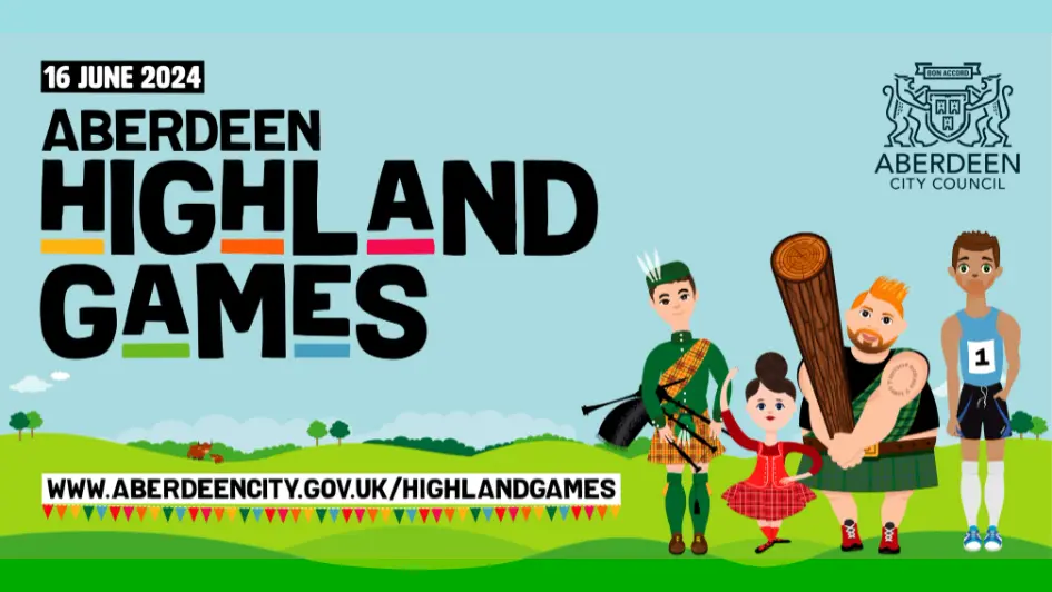 Promotional graphic for Aberdeen Highland Games on 16 June 2024, featuring a kilted man, a dancer, a child with bagpipes, and an athlete, with event details and logo.
