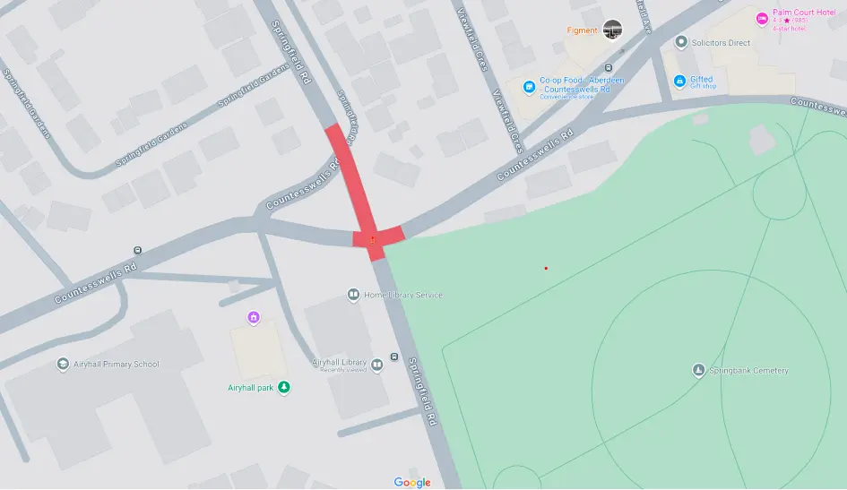 An informative map displaying the designated area for the road resurfacing work for the junction of Countesswells Road and Springfield Road