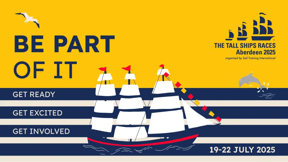 Promotional poster for The Tall Ships Races Aberdeen 2025 with a sailing ship and event details.