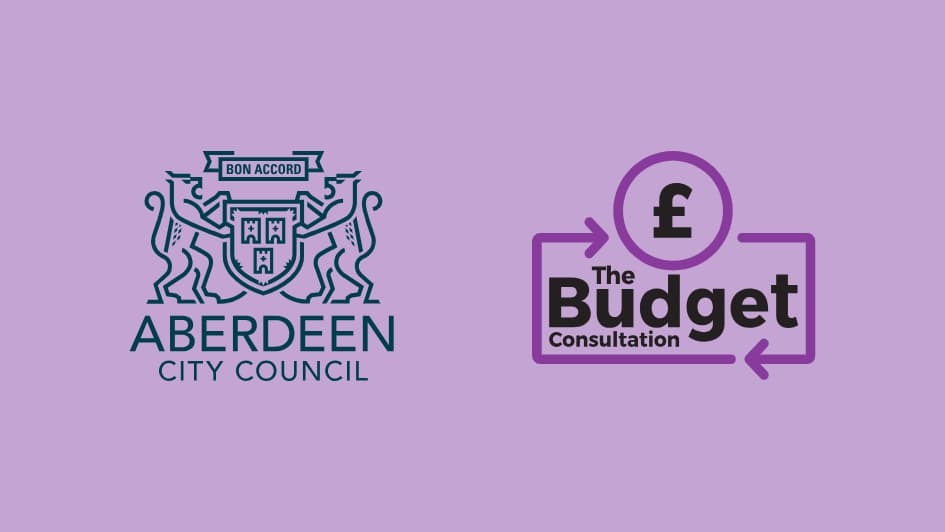 Aberdeen City Council logo with a coat of arms next to "The Budget Consultation" text in bold, with arrows and a pound sign symbol on a purple background.