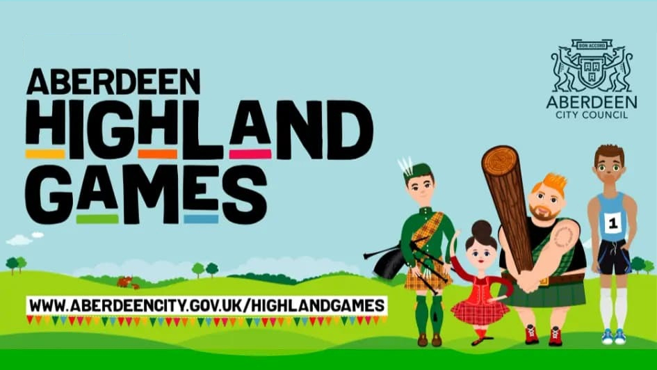 Illustration promoting the Aberdeen Highland Games. Features four characters in traditional attire and sportswear, set against a scenic hill backdrop.