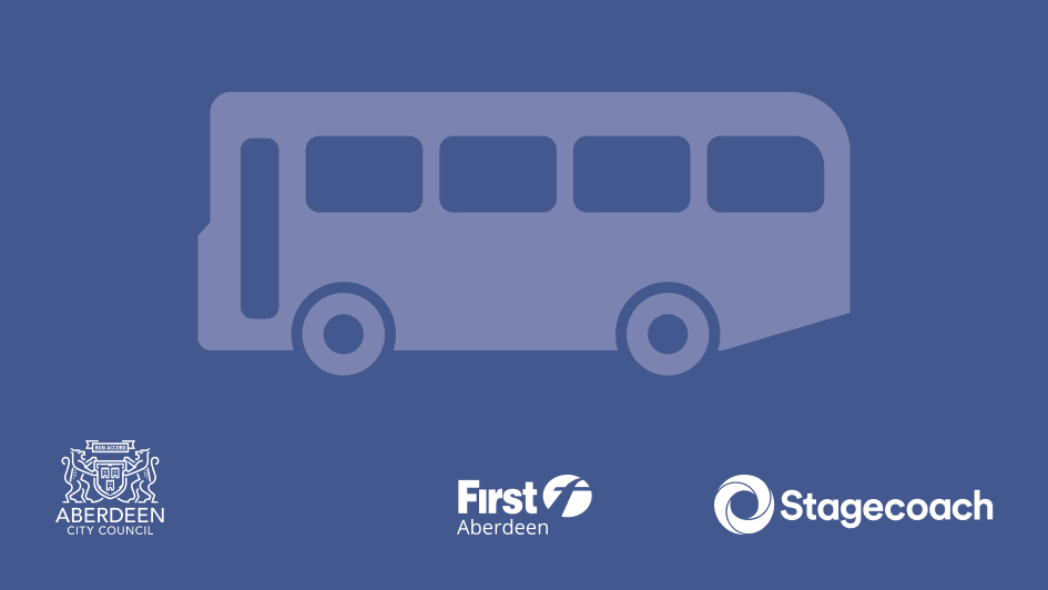 Simplified graphic of a bus on a blue background, with Aberdeen City Council, First Aberdeen, and Stagecoach logos at the bottom.