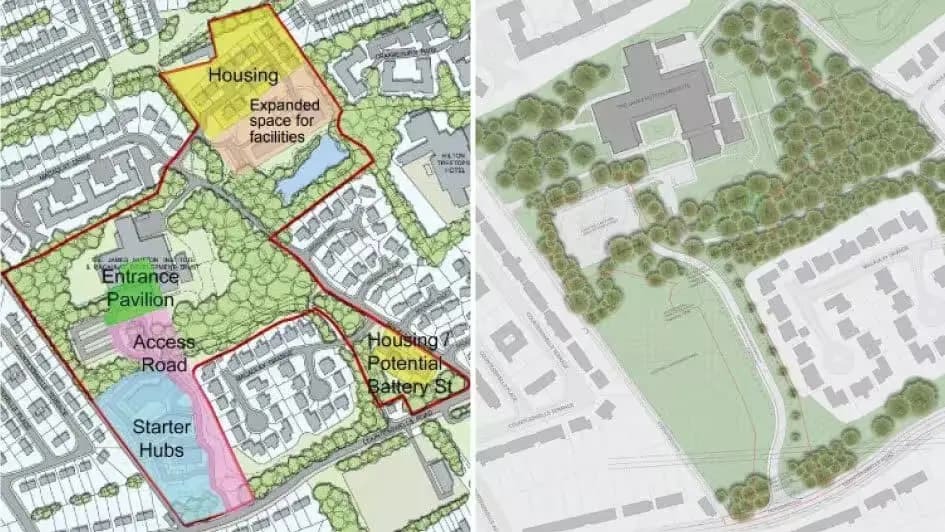 Split image showing two maps of an urban development plan. Left: Color-coded areas for housing, facilities, and roads. Right: Grayscale map with trees and pathways.