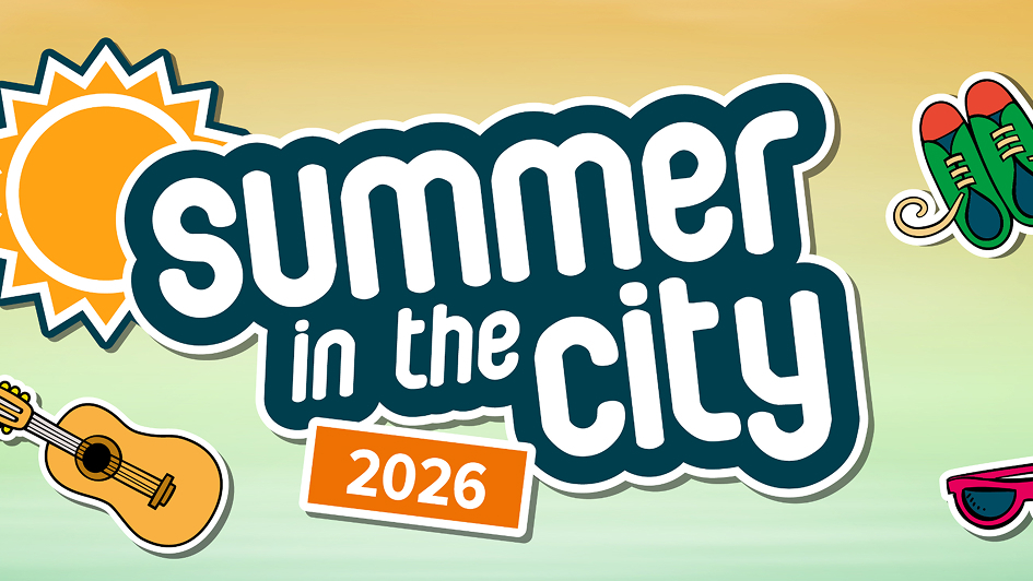 Bold text 'summer in the city 2026' with sun, guitar, sneakers, and sunglasses icons on a warm gradient background, conveying a lively summer vibe.