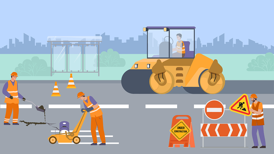 Workers in orange vests and helmets repair a city road with machinery and tools. A roller, construction signs, and cones mark the area.