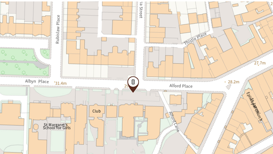 Street map showing a location pin near Alford Place, beside St Margaret’s School for Girls and Club, with surrounding streets and buildings.