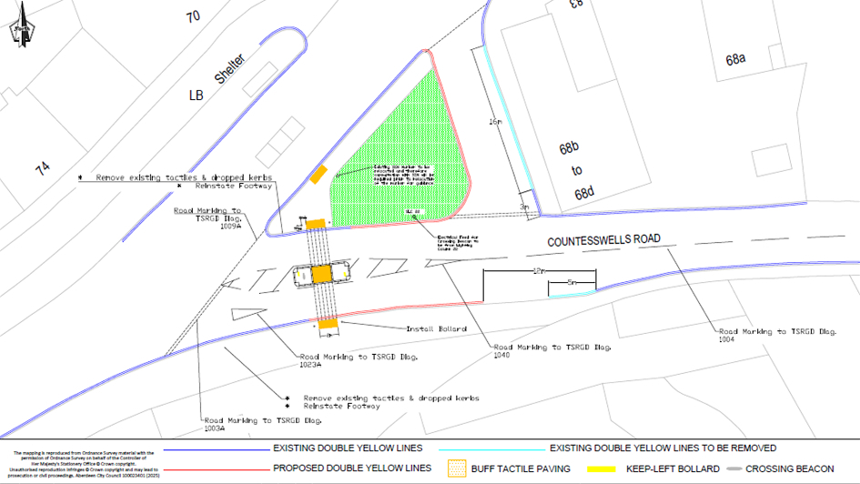 Diagram showing road layout changes at Countesswells Road, including proposed double yellow lines, buff tactile paving, keep-left bollard, and crossing beacon near a bus shelter. Diagram showing road layout changes at Countesswells Road, including proposed double yellow lines, buff tactile paving, keep-left bollard, and crossing beacon near a bus shelter.