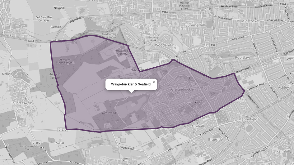 Map highlighting Craigiebuckler & Seafield area in purple, surrounded by detailed streets and landmarks in grayscale, marked with a label.
