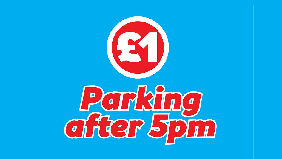 A sign with a pound symbol and the number 1, reading “Parking after 5pm,” indicating parking costs &pound;1 after 5pm.
