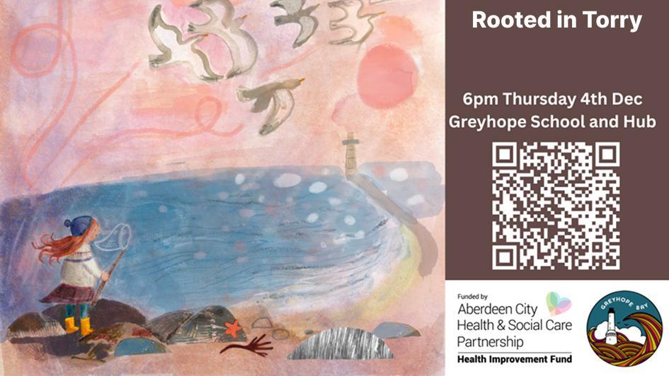 Illustrated poster for &quot;Rooted in Torry&quot; workshop depicts a child with a butterfly net by the sea, a lighthouse, and birds in the sunset. Text details event info with a QR code.