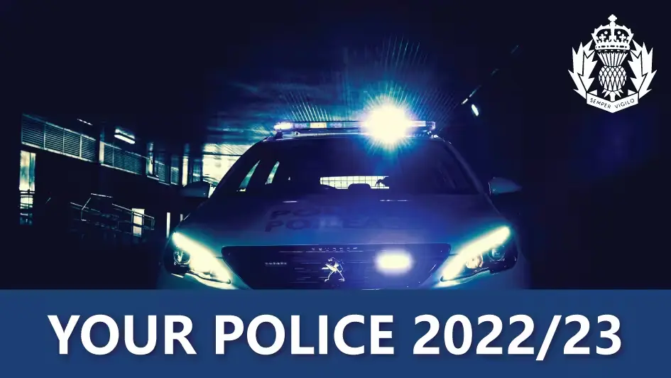 Police car driving towards you with it's lights on and the words Your Police 2022/23